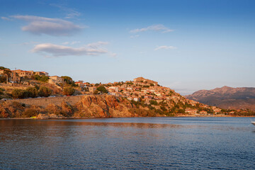 Fototapeta na wymiar Traditional Greece. Lesvos island, view of town Molyvos (Mithymna) with old castle above