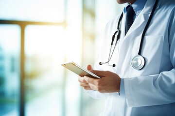 Close up of doctor in white coat holding tablet working to search patient information in hospital. Patient treatment planning. medicine and healthcare. Medical and technology concept