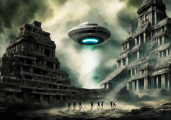 Flying saucer visiting an ancient civilization - Digital illustration - obrazy, fototapety, plakaty