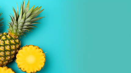 Pineapple and palm leaves on blue background with copy space.