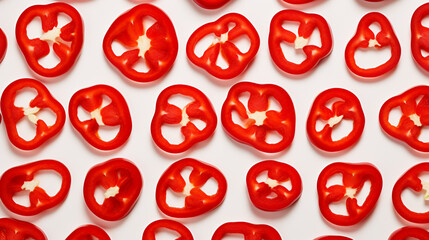 Red pepper slices isolated on white background. Top view. Flat lay.