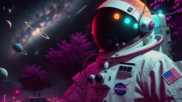 Astronaut in a spacesuit flies in deep space animation. Dreamy cosmic animation, bright colors illustrations, transformations and metamorphose. AI generated video