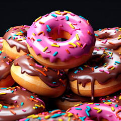 Donuts pattern. Colorful donuts with icing as background. Various colorful glazed donuts with sprinkles. AI generated.