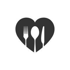 Gourmet graphic logo. Heart with spoon, fork and knife isolated sign on white background. Tasty food symbol. Vector illustration