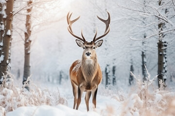 Naklejka na ściany i meble Noble deer in the herd against the background of a beautiful winter snow forest artistic winter landscape winter, aesthetic look