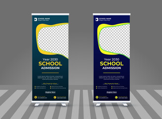 minimalist and sample school roll up banner design, back to school roll up banner design layout, admission banners mockup, colorful marketing pull up advertisement retractable  banner design in illust