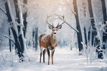 Noble deer in the herd against the background of a beautiful winter snow forest artistic winter landscape winter, aesthetic look