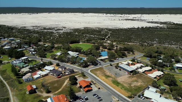 Panoramic aerial view of Lancelin town, Australian tourist and fishing town at the shore of Indian Ocean, Perth, Western Australia