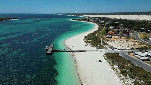 Aerial view of pristine Lancelin Beach white sand and crystal clear turquoise water landscape, Western Australia