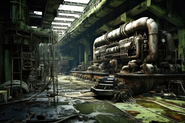 Fototapeta na wymiar Abandoned Nuclear Power Plant In Postapocalyptic World. Сoncept Virtual Reality Gaming, Diy Home Improvement, Healthy Cooking Recipes, Sports Photography