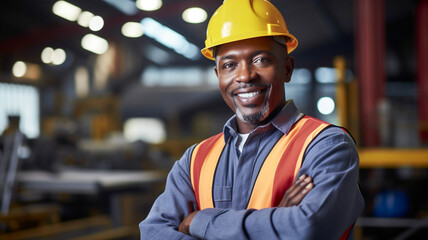 Portrait of african american successful builder worker contractor wearing hard hat and safety vest standing on a commercial building construction site. 

