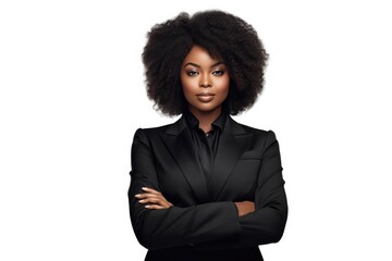 Afro Businesswoman In Suit Poses With Crossed Arms. Сoncept Professional Business Attire, Confident Posture, Empowered Expression, Diverse Workforce