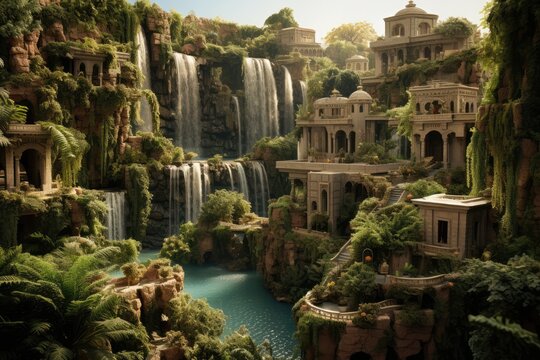 Ancient Hanging Gardens Of Babylon With Plants And Waterfalls