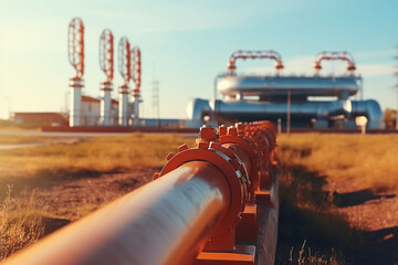 Oil, Gas Or Water Transportation With Pipe Line Valves On Soil With Defocused Background, aesthetic look