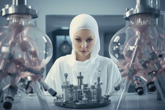 Beautiful Bald Woman After Chemotherapy, Powerful Concept Scientist In Mask Creating Medicines In Research Lab