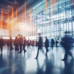 Dynamic Networking: Blurred Business Professionals Navigate a Trade Fair in High-Speed Motion