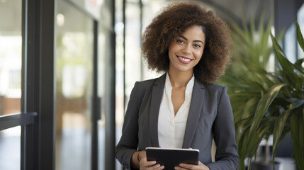 Fototapeta premium Professional woman standing in an office corridor, holding a tablet, wearing a suit and smiling at the camera.
