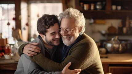Warm and affectionate moment between an elderly man and a younger adult man, likely father and son, sharing a joyful hug in a cozy kitchen setting.