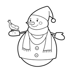 Snowman with bird. Black white outline illustration. Suitable for anti-stress and children's coloring books