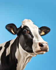 Funny cute cow isolated on blue. Talking black and white cow close up. Funny curious cow. Farm...