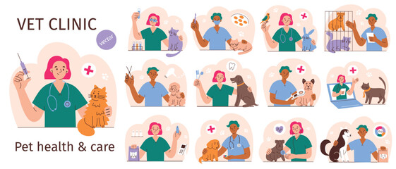Vet clinic scenes set, hand drawn compositions with male and female veterinarians, pet health care, vector illustrations of dogs, cats, exotic animals, vaccination and grooming in veterinary hospital - obrazy, fototapety, plakaty