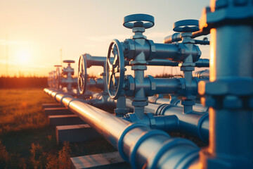 Oil Or Gas Transportation With Blue Gas Or Pipe Line Valves On Soil And Sunrise Background, aesthetic look