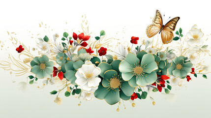 Emerald and Red Flowers, Golden Butterfly white backgroud - obrazy, fototapety, plakaty