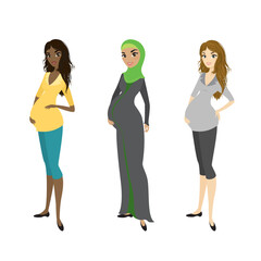Obraz premium Set of different happy pregnant women. African American, Arab, Caucasian female characters. Beautiful multiethnic mothers of different nationalities.