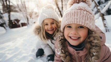 Fototapeta na wymiar Amigos de 6 años haciendo un muñeco de nieve y pasándolo bien .Grupo de niños jugando en la nieve en invierno.