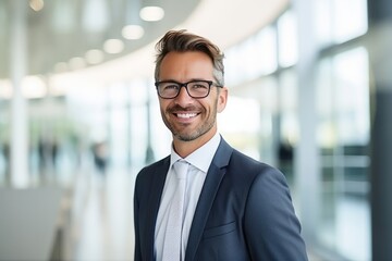 Businessman Smiling Casually In Glass Office, Symbolizing Success. Сoncept Business Networking, Professional Success, Glass Office Spaces, Casual Business Attire