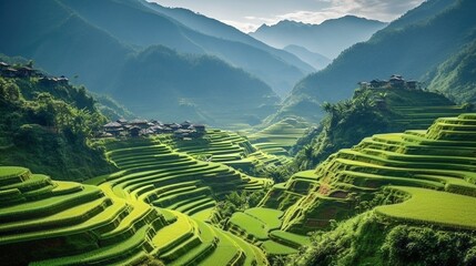 Image of terraced rice fields in a green valley and mountain backdrop