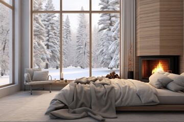 Cozy Cabin Bedroom With Fireplace And Snowy Windows