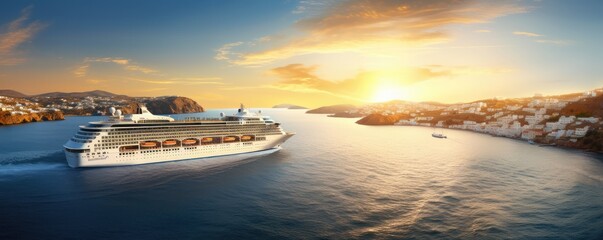 Naklejka premium Cruise Ship Sailing Through The Greek Islands At Sunrise. Сoncept Mountaintop Yoga Retreat, Tropical Beach Getaway, Urban Street Art Tour, Hiking Adventure In The Wilderness