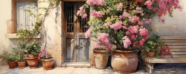 Fototapeta na wymiar Flower Pots And A Door