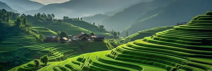 Poster Panoramic image of lush green terraced rice fields with background hills © Raveen