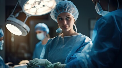 Medical woman working in an operating room - obrazy, fototapety, plakaty