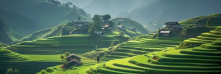 Poster Panoramic view of a terraced rice fields and village © Raveen