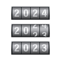 Set of calendar with years - 2023, 2024. Flip board countdown timer with years number. Happy New Year 2024 concept. Realistic years scoreboard, timer template concept.