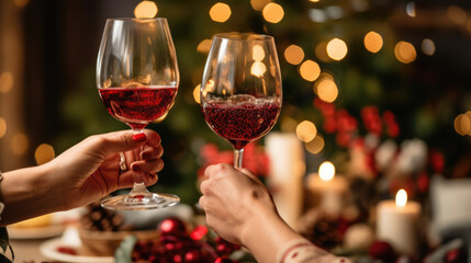 A festive moment where people are toasting with glasses of wine in a warmly lit room adorned with Christmas decorations and a glowing fireplace in the background.
