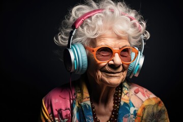 Eccentric Elderly Woman Listening To Music On Headphones
