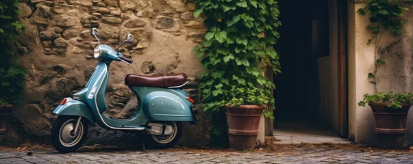 Tuinposter Exploring Serene Villages On Vintage Vespa In Italy. Сoncept Food And Wine Tasting In Tuscany, Golden Sunsets Over Rolling Hills, Historic Architecture In Florence, Gondola Ride In Venice © Anastasiia