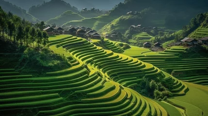 Poster Terraced rice fields in a beautiful green valley © Raveen