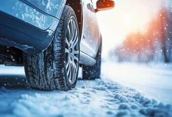 Winter car tires on a snowy road by Generative AI