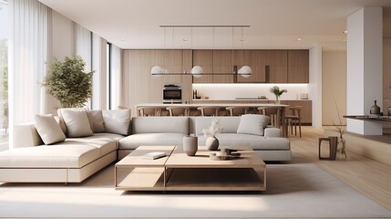 Fototapeta na wymiar A modern minimalist home interior design with clean lines, sleek furniture, and neutral color palette, featuring an open-concept living space connected to a spacious kitchen, bathed in natural light 