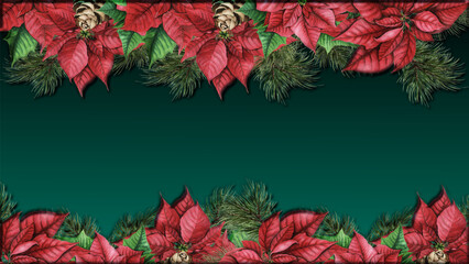 Merry Christmas  -Christmas greeting card. green background with poinsettia flowers and pine branches in the edges. Possibility to insert the desired text in the center. 3D relief effect - obrazy, fototapety, plakaty