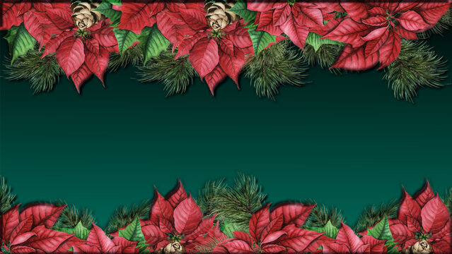 Merry Christmas  -Christmas greeting card. green background with poinsettia flowers and pine branches in the edges. Possibility to insert the desired text in the center. 3D relief effect