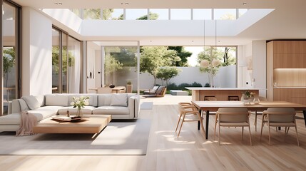 A modern minimalist home interior design with clean lines, sleek furniture, and neutral color palette, featuring an open-concept living space connected to a spacious kitchen, bathed in natural light 