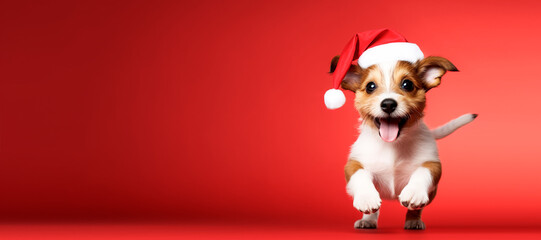 Happy jack russell terrier in santa costume on red background - obrazy, fototapety, plakaty