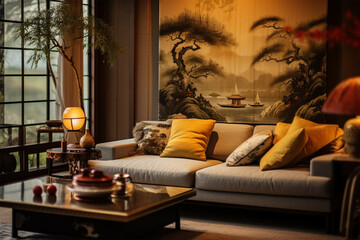 Japanese style room decoration architecture, relaxing room with family sofa