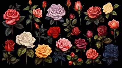 Beautiful pink roses on black background. Generavie AI